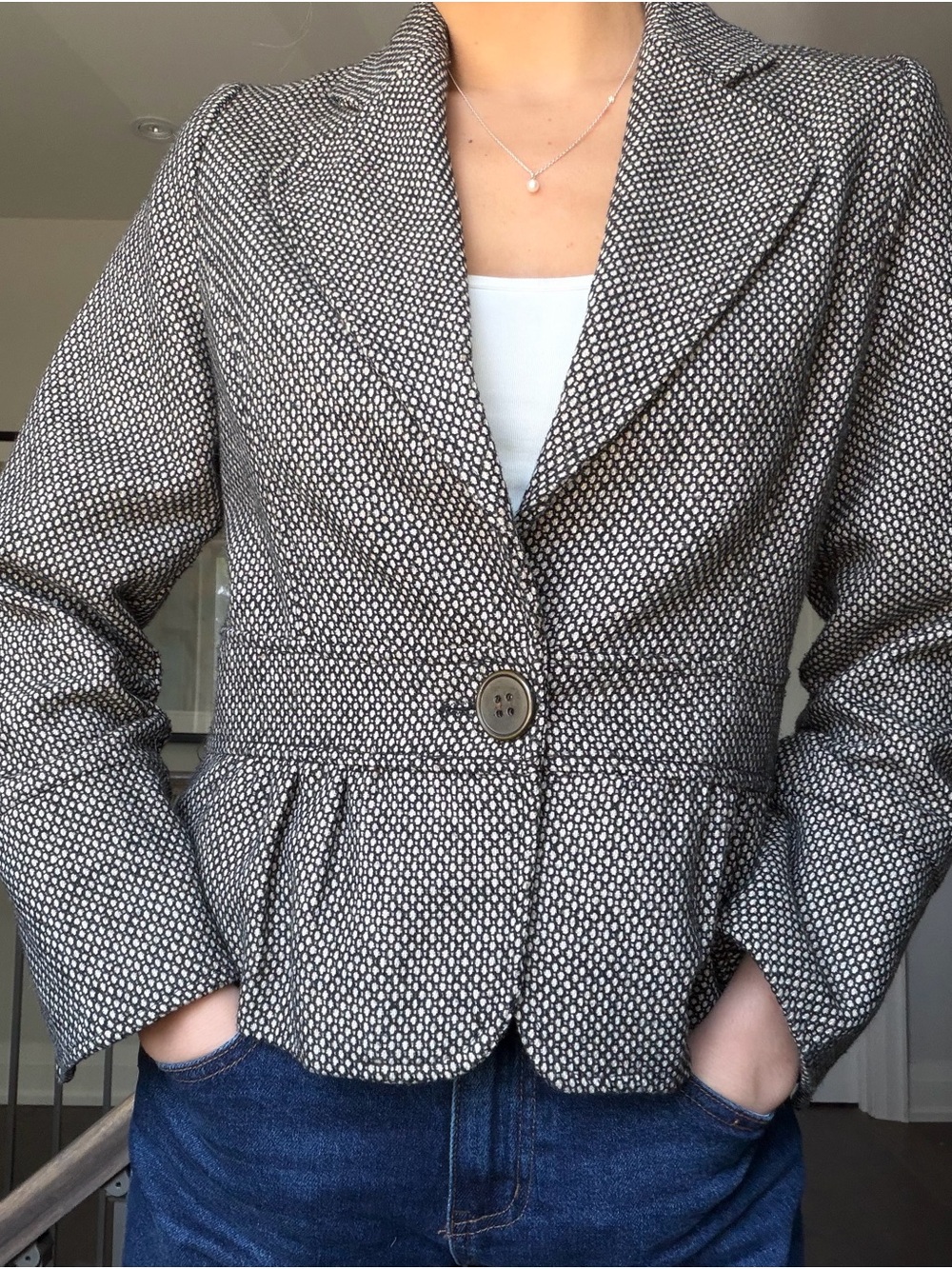 Women’s Black & White Textured Peplum Blazer
